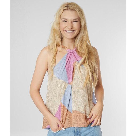 NWT Oneill Bahama Pink Tan Blue Button Keyhole Tie Racerback Top XS - Picture 1 of 14